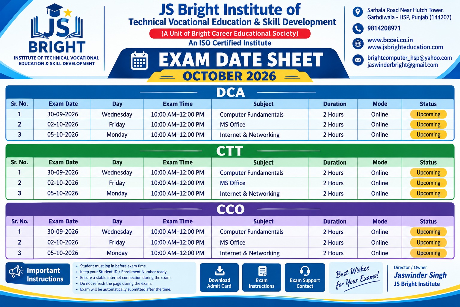 Exam Date Sheet — October 2026